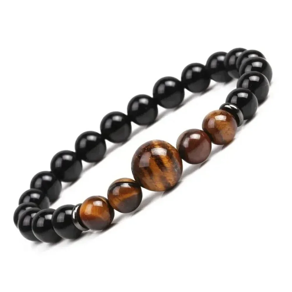 Tigers Eye Black Bead Stretch Bracelet 7.5